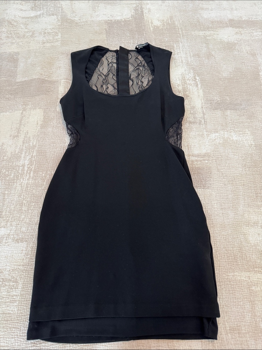bebe Black Backless Sheath Dress with Lace Insets